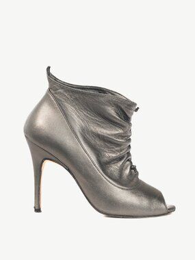 Manolo Blahnik Repiroz Anthracite Nappa Silk Ruched Peep-Toe Booties